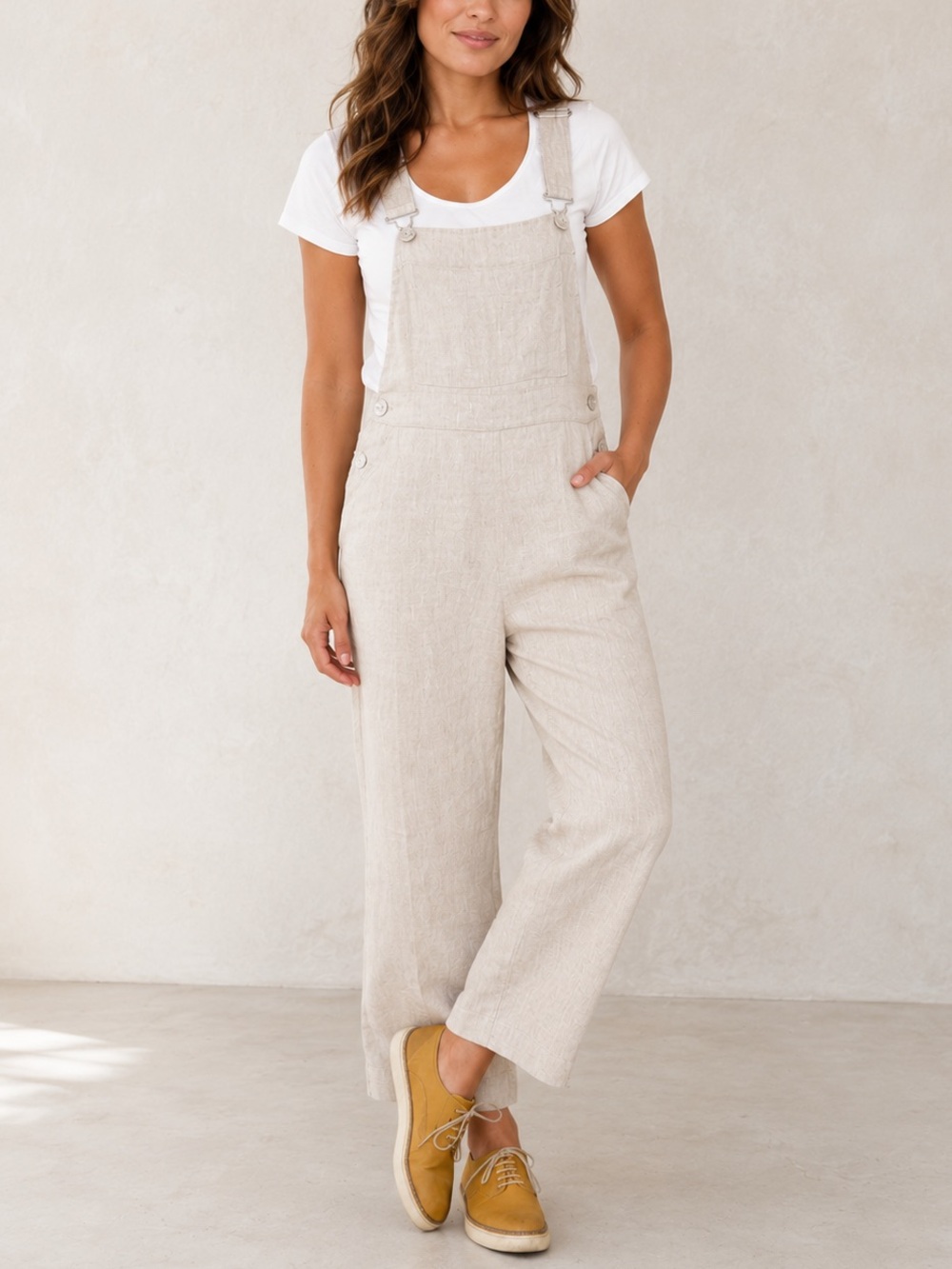 Goddess Gear 100% Organic Linen Women’s Sz XS Boho Overalls Beige 19" Inseam USA